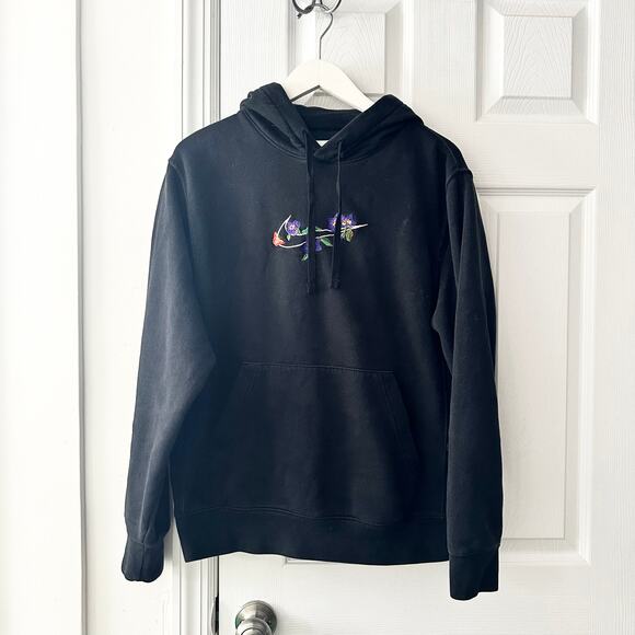 Nike Black Logo Twist Embroidered Floral Swoosh Hoodie Sweatshirt Women Small - Picture 2 of 13